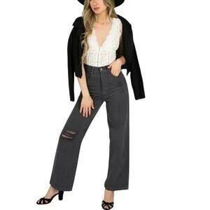 Mia Joy Addy Distressed Denim in Slate super High‎ Waisted Wide Leg Jeans 28 NWT